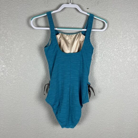 Christina Sz 10 Blue Turquoise One Piece Swimsuit Waist Cinching Side Ties - Picture 4 of 5
